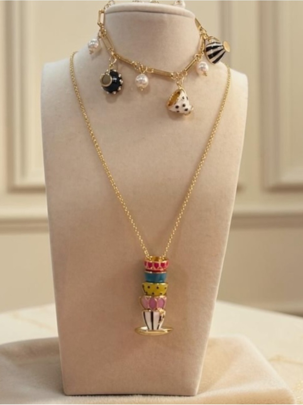 Kate Spade Stacked Teacup Pendant Necklace Gold Tone Tea Party Bracelet- NWT